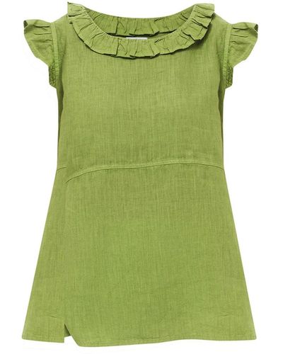 Haris Cotton Linen Blouse With Butterfly Sleeve And Neck Linen Blouse - Green