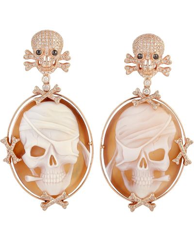 Artisan 18k Rose Gold Pave Diamond Skull Dangle Earrings Shell Cameos Gemstone - Natural