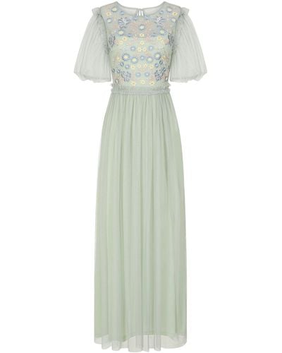 Frock and Frill Laraline Puff Sleeve Maxi Dress With Floral Embroidery - Green