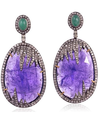 Artisan Gemstone Emerald & Diamond 18k Gold 925 Sterling Silver Dangle Earrings - Purple