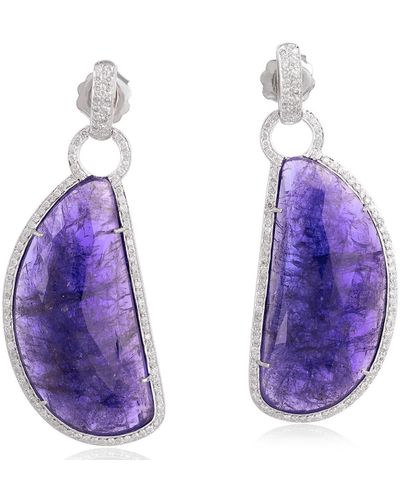 Artisan Tanzanite Gemstone Pave Diamond Dangle Earrings 18k White Gold Jewellery - Purple