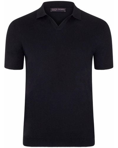 Paul James Knitwear S Ultra Fine Cotton Nathan Buttonless Polo Shirt - Black