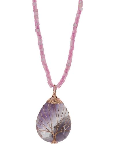 Ebru Jewelry Healing Amethyst Pendant Pearl Chain Beaded Necklace - Metallic