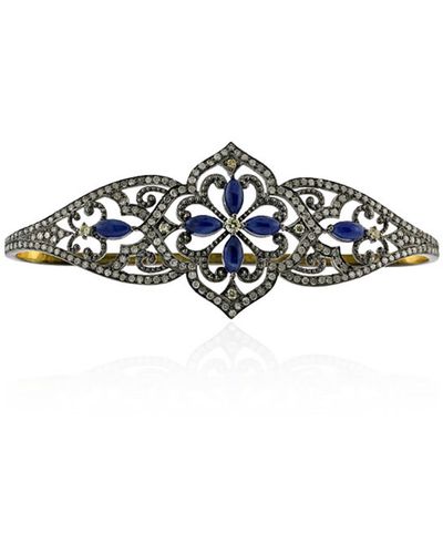 Artisan Marquise Blue Sapphire & Diamond In 18k Gold With 925 Silver Vintage Palm Bracelet