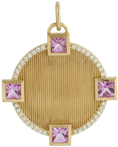 Artisan Bezel Set Square Pink Sapphire Gemstone & Pave Diamond In 14k Yellow Gold Club Charm - Metallic