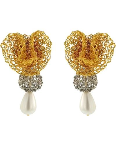 Lavish by Tricia Milaneze / Neutrals Trio Gold Mix Reef Dangle Handmade Crochet Earrings - Metallic
