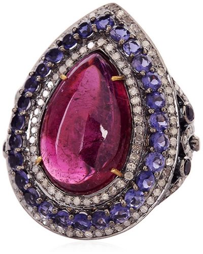 Artisan Rubyllite Iolite Diamond 18k Gold 925 Sterling Silver Cocktail Ring Jewelry - Purple