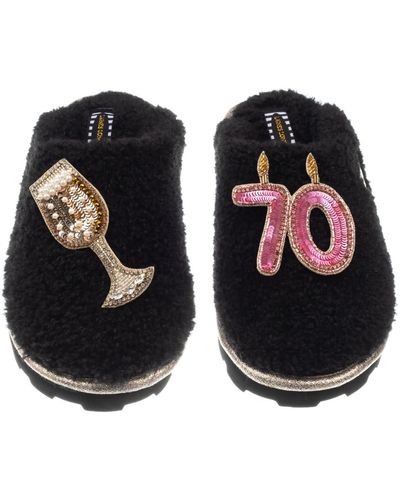 Laines London Teddy Closed Toe Slippers With 70th Birthday & Champagne Glass Brooches - Black