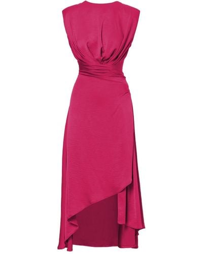 BLUZAT Midi Fuchsia Dress With Oversized Shoulders And Slit - Purple