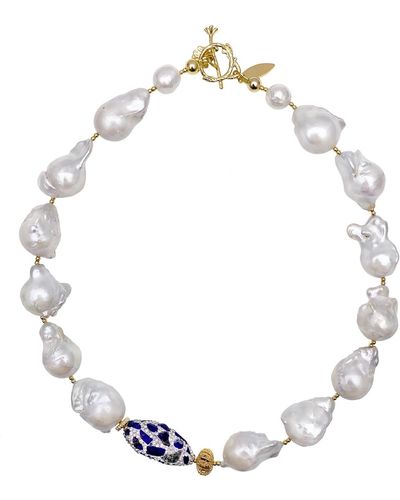 Farra Baroque Pearls With Rhinestones Bordered Lapis Lazuli Short Necklace - Metallic