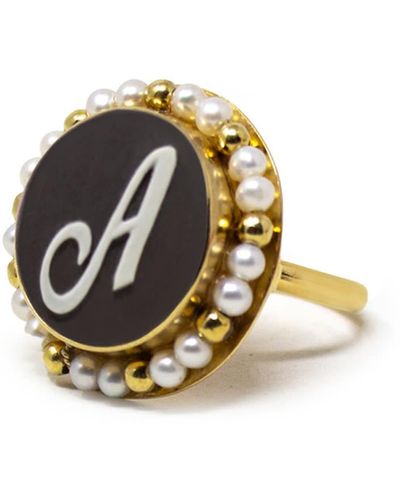 Vintouch Italy Gold Vermeil Black Cameo Pearl Ring Initial A - Metallic