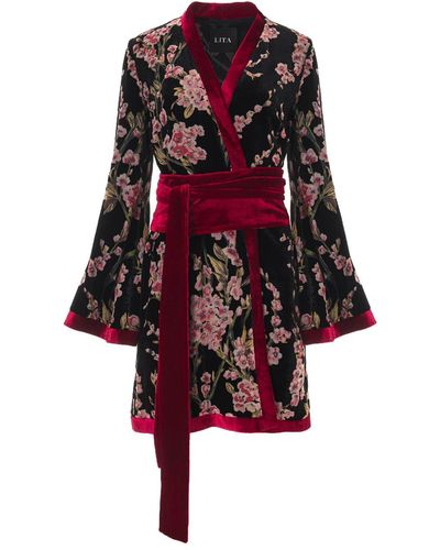Lita Couture Kimono Floral Print Dress In Velvet Silk - Red