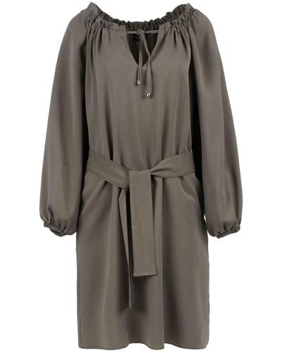 Conquista Belted Olive Color Dress With Pockets - Gray