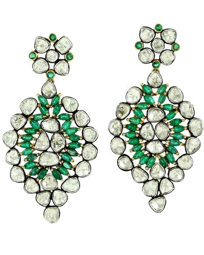 Artisan Natural Diamond Dangle Earrings 18k Yellow Gold Emerald 925 Silver - Green