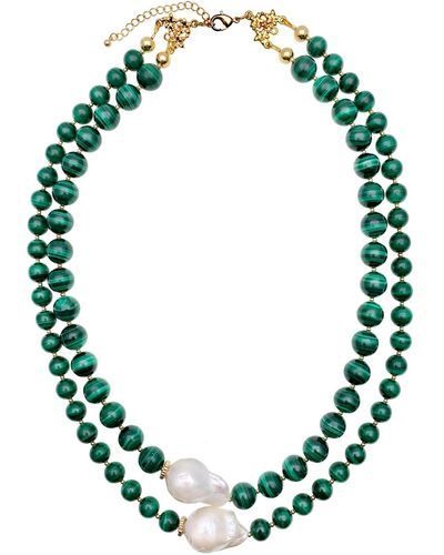 Farra Malachite With Baroque Pearls Double Strands Necklace - Green