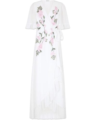 Hope & Ivy The Amberley 3d Floral Frill Sleeve Maxi Wrap Dress With Tie Waist - White