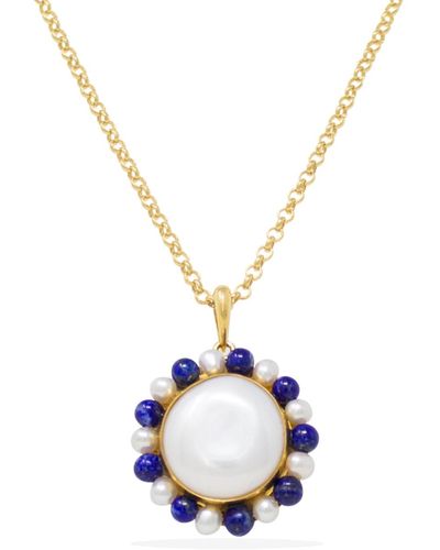 Vintouch Italy Lotus Gold-plated Baroque Pearl And Lapis Necklace - Metallic
