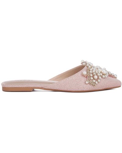 Rag & Co Astre Pearl Embellished Shimmer Mules In Blush - Pink