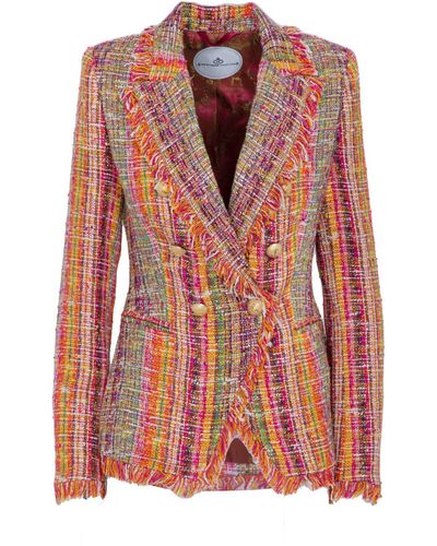 The Extreme Collection Orange Cotton Blend Tweed Double Breasted Blazer Frayed Edge Antonella - Red