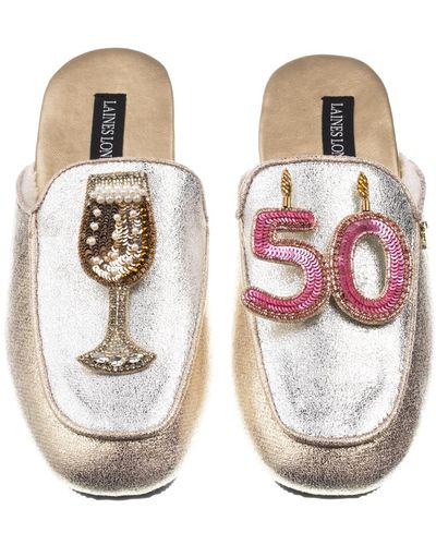 Laines London Classic Mules With 50th Birthday & Glass Of Champagne Brooches - Pink
