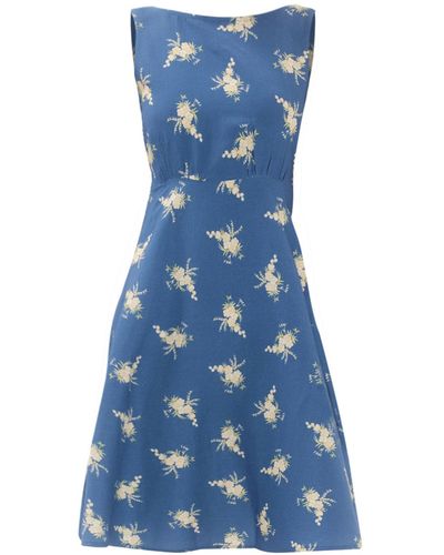 Haris Cotton Printed Sleeveles A Line Dress With Belt - Blue