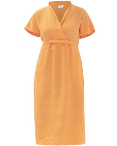 Haris Cotton Notched Neckline Belted Linen Dress With Batwing Sleeve - Orange