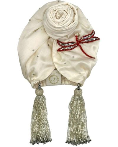 Julia Clancey Edith Dragonfly Ivory Silver Luxe Turban - White