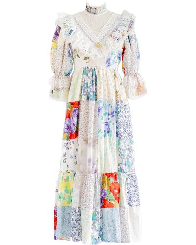 Sugar Cream Vintage Re-design Upcycled Abstract Patch Pattern Frilled Maxi Dress - White