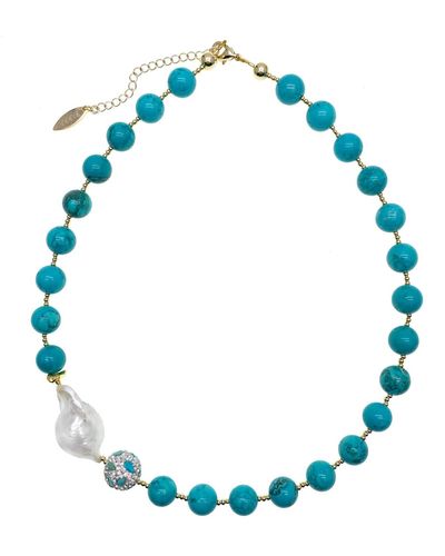 Farra Turquoise With Baroque Pearl & Rhinestones Short Necklace - Blue