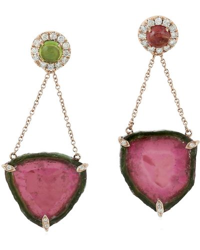 Artisan 18k Solid Rose Gold Diamond Dangle Earrings Melon Tourmaline - Pink