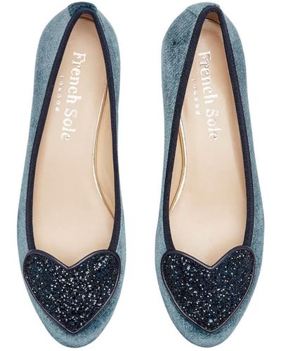 French Sole Love Heart Velvet Navy Glitter Heart - Blue