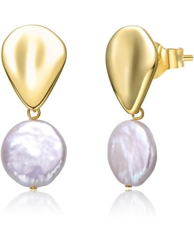 Genevive Jewelry Sterling Silver Yellow Gold Plated With White Coin Pearl Raindrop Double Dangle Drop Earrings - Metallic