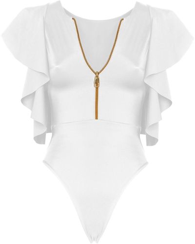 ANTONINIAS Juliet Bodysuit With Decorative Zip In - White