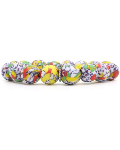 Shar Oke Blue, White, Yellow & Coral African Recycled Glass & Sterling Silver Diamonds Beaded Bracelet - Multicolor