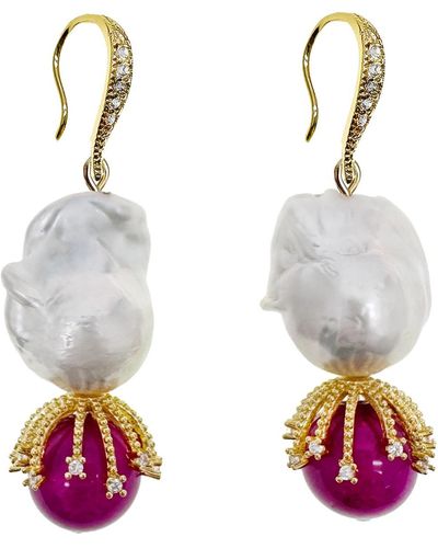 Farra Baroque Pearls And Magenta Gemstone Earrings - White