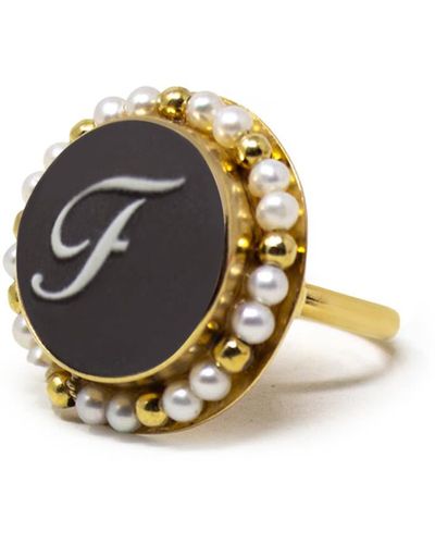 Vintouch Italy Gold Vermeil Black Cameo Pearl Ring Initial F - Metallic
