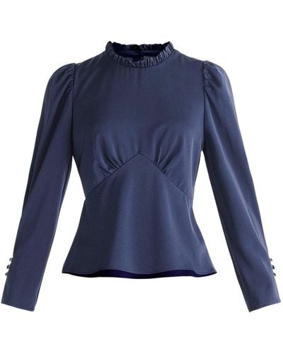 Paisie Pleated Collar Satin Blouse In Navy - Blue