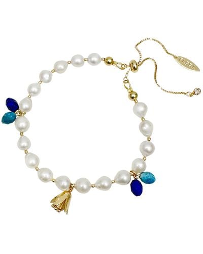 Farra Freshwater Pearls With Blue Gemstone And Flower Charms Bracelet - Metallic