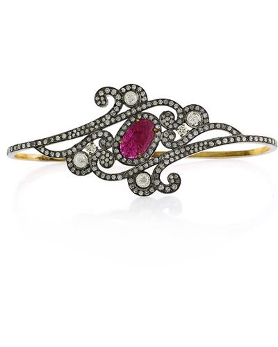 Artisan Oval Cut Ruby & Pave Diamond In 18k Gold With Silver Beautiful Palm Bracelet - Multicolour