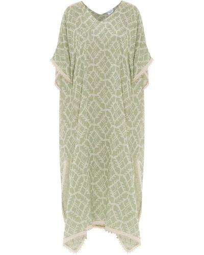 Haris Cotton Embroidered V Neck Linen Blend Dress With Split Hem - Green