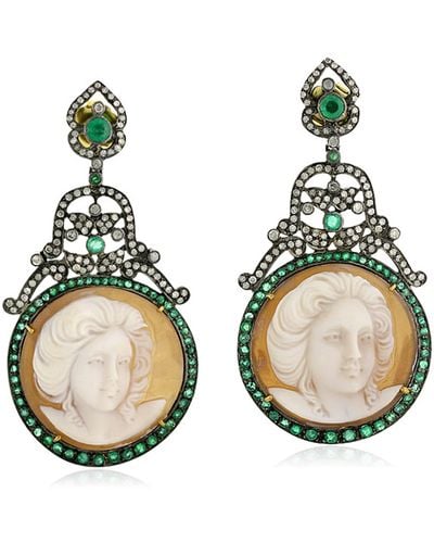 Artisan 18k Gold 925 Silver With Shall Cameo & Emerald Pave Diamond Face Dangle Earrings - Blue