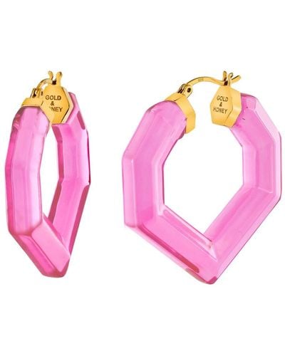 Gold & Honey Heart Gemstone Lucite Hoop Earrings In Pink