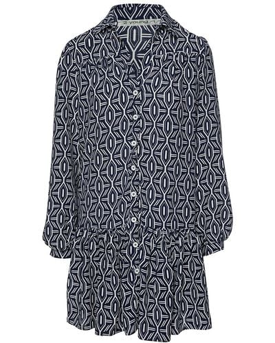 Conquista Navy & White Print Dress With Buttons - Blue