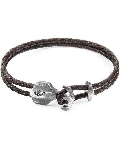 Anchor and Crew Dark Brown Delta Anchor Silver & Braided Leather Bracelet
