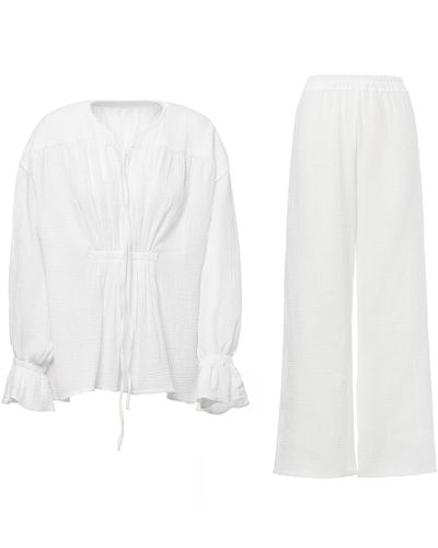 BLUZAT Matching Set With Blouse With Cuffs And Trousers - White