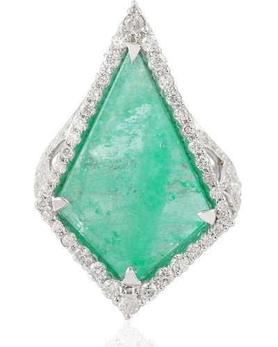 Artisan Handmade Trillion Shape Emerald Cocktail Ring White Gold Diamond Jewelry - Green