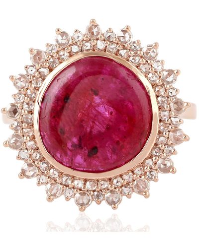 Artisan Ruby Gemstone Cocktail Ring Studded Diamond 18k Rose Gold - Pink