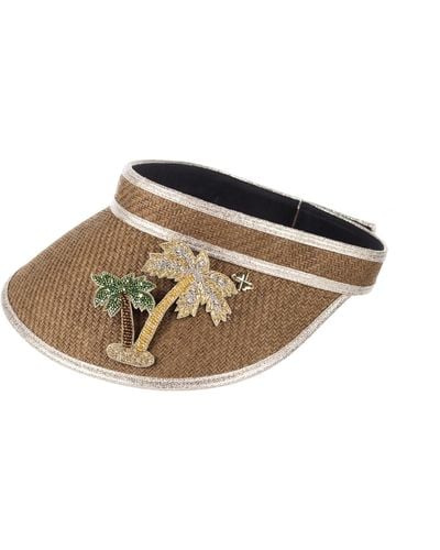 Laines London Straw Woven Visor With Couture Embellished Golden Palm Tree Brooch - Brown