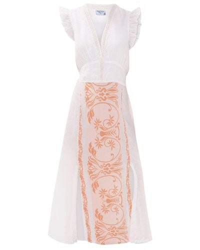Haris Cotton Lace Insert Linen Dress With Embroidered Cotton Details And Split Hem Orange - Pink