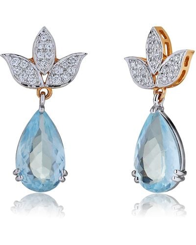 Kaizarin Aquamarine Drops & Lotus Diamond Earrings In Yellow & White Gold - Blue